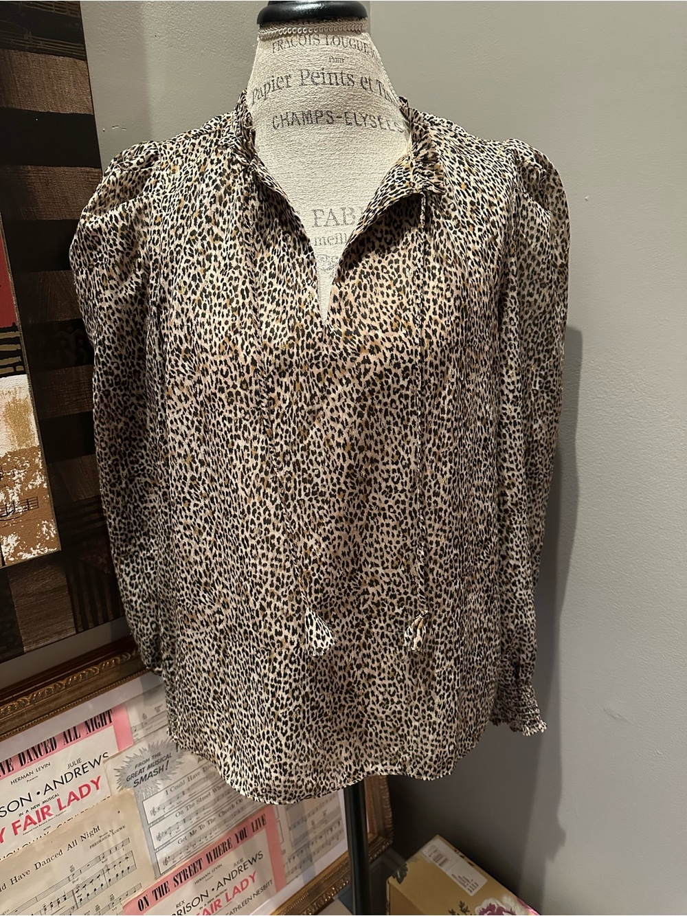 CeCe Leopard Print Long-Sleeve Blouse in Tan and Black